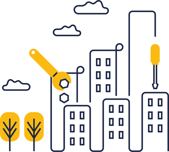 Bostadsrättsförening med höghus. Illustration.
