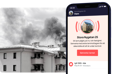 Rök från ett tak på ett flerfamiljshus samt en mobil med app som larmar om brand i lägenhet nära dig.
