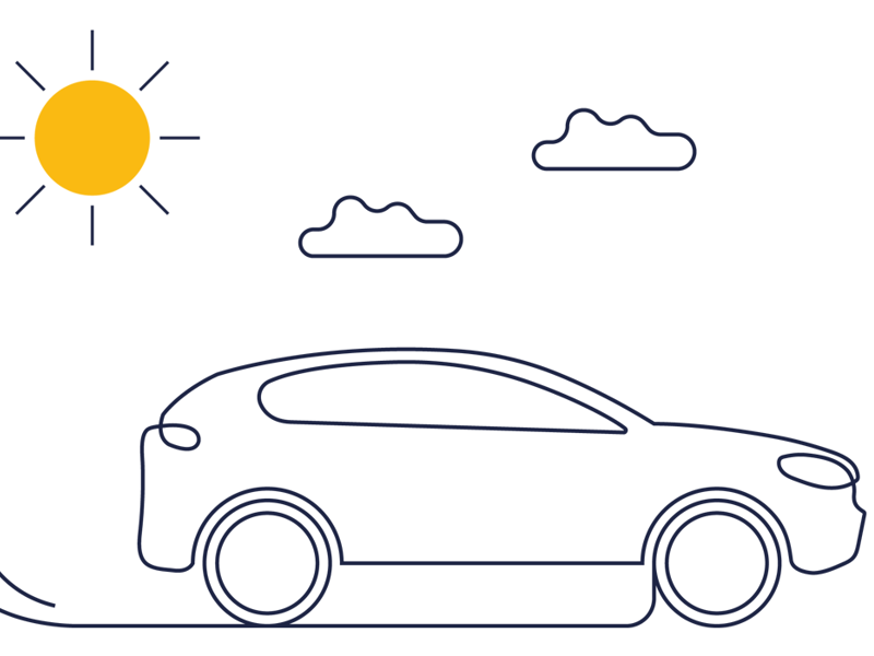 Elbil som laddas med solenergi. Illustration.
