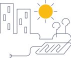 Sol som skiner i bostadsområde. Illustration.