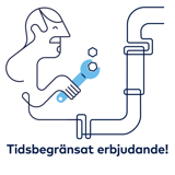 Tidsbegränsat erbjudande. Illustration av avloppsrör och man med skiftnyckel.